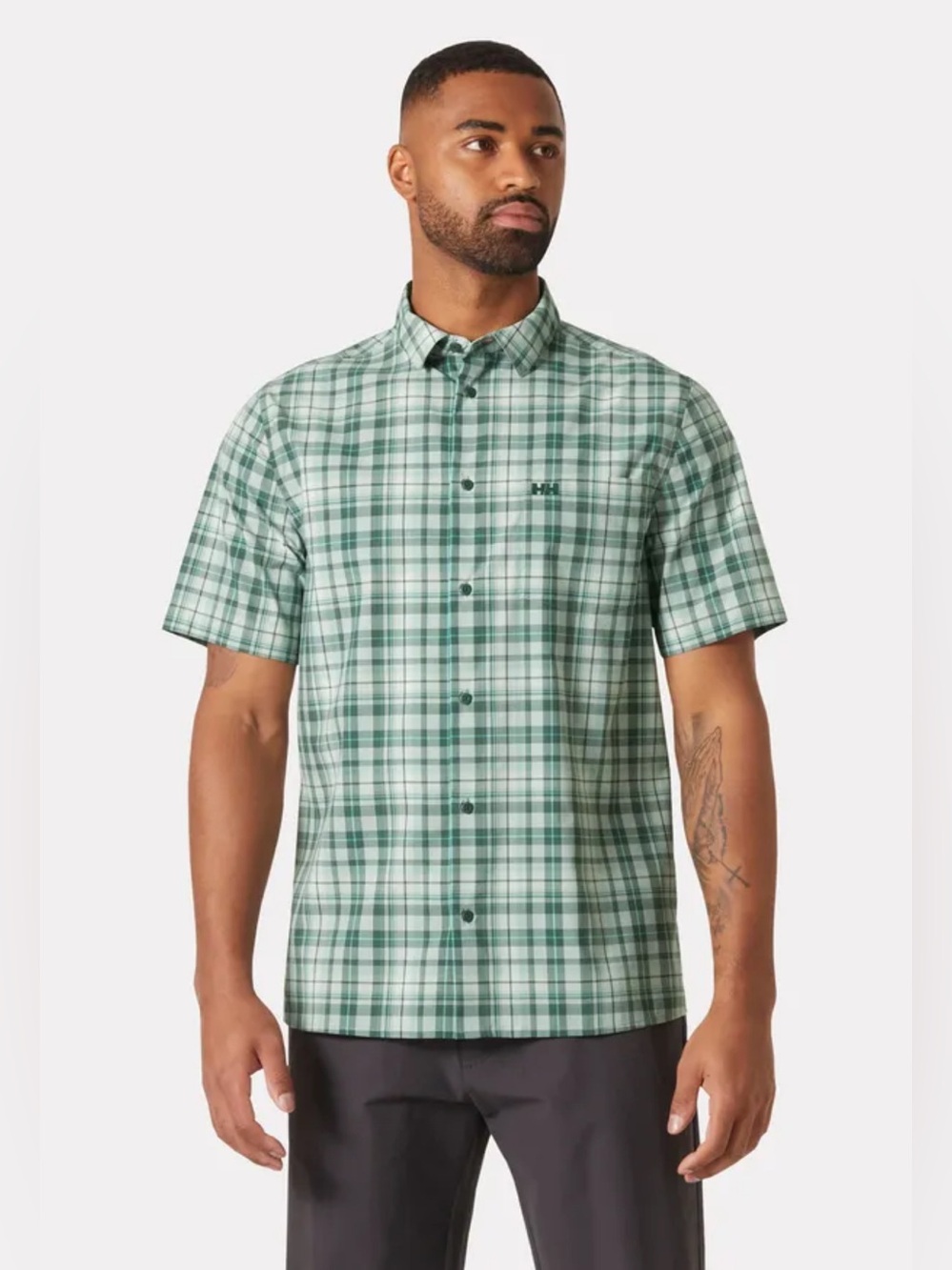Helly Hansen Men's Fjord Quick-Dry Short Sleeve 2.0 Green Mist Shore Plaid Sz LG